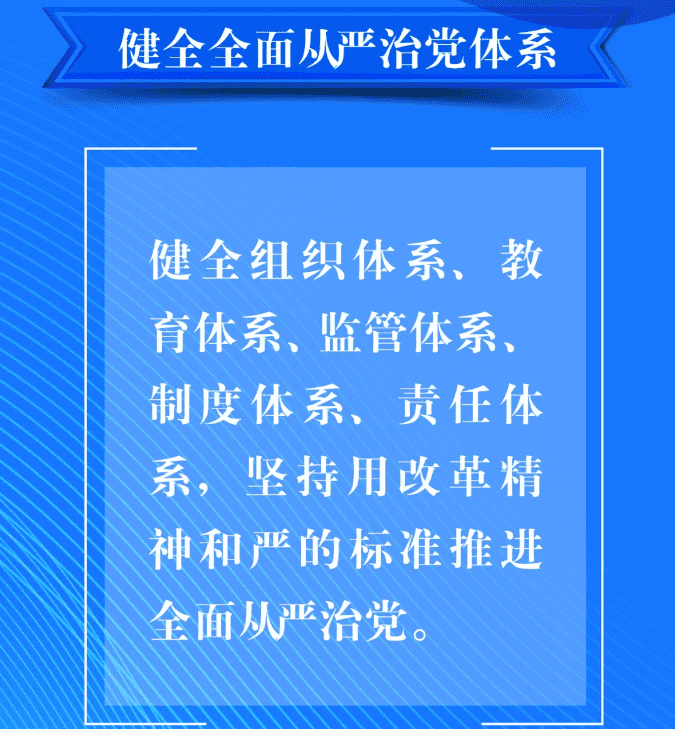 八、要健全全面從嚴(yán)治黨體系。健全組織體系、教育體系、監(jiān)管體系、制度體系、責(zé)任體系，堅(jiān)持用改革精神和嚴(yán)的標(biāo)準(zhǔn)推進(jìn)全面從嚴(yán)治黨。.png