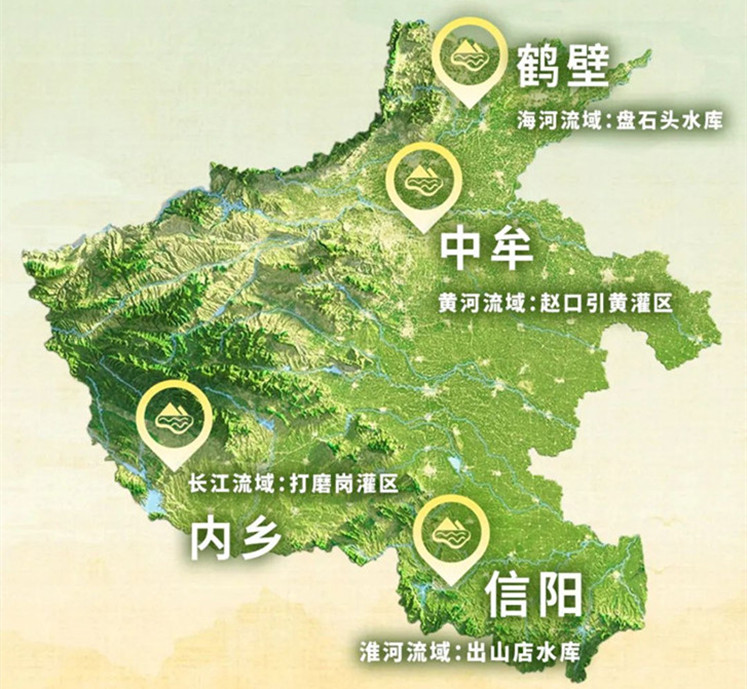 黃河流域趙口引黃灌區(qū)、淮河流域出山店水庫、海河流域盤石頭水庫、長(zhǎng)江流域打磨崗灌區(qū)分布位置圖，讓我們一起走進(jìn)這四大流域的水庫灌區(qū)，見證我國(guó)中原糧倉背后的“水利力量”。.jpg